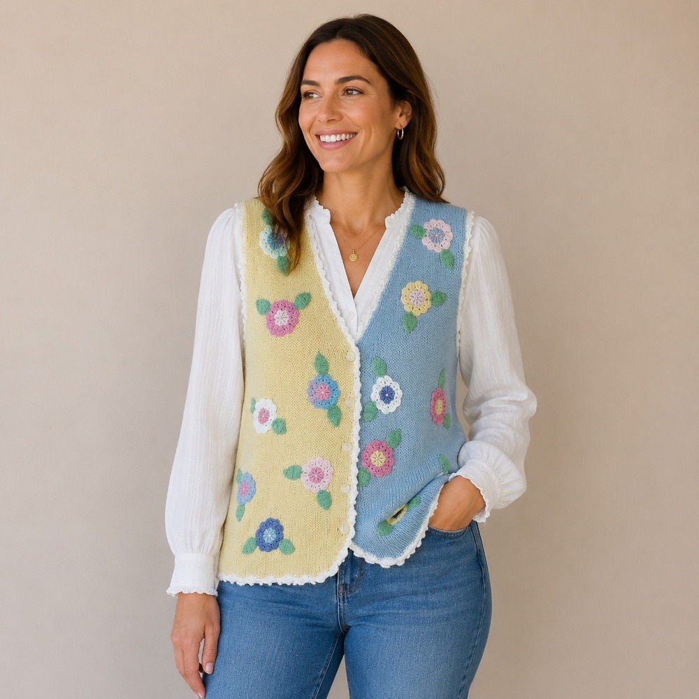 Vintage Mandal Bay Crochet Vest Womens Large Pastel Floral Button Cottagecore